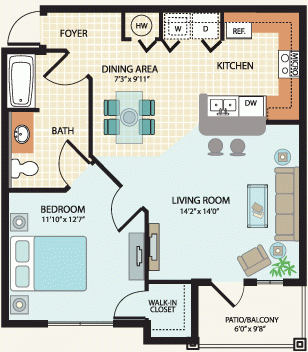 Floor plan for 1 bed, 1 bath, 766 sqft